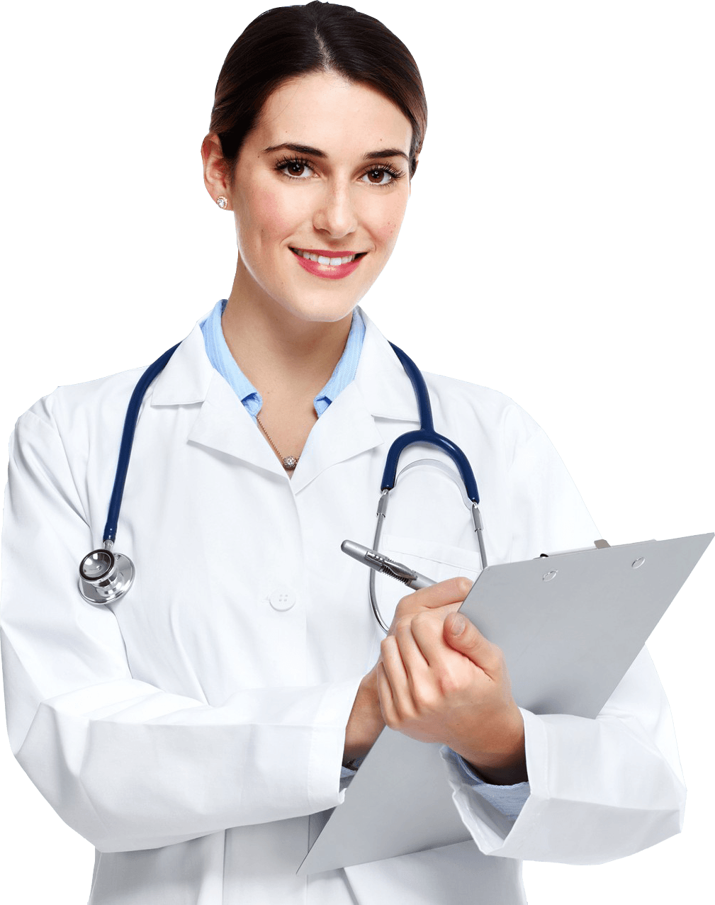 Smiling female doctor holding a clipboard and pen.
