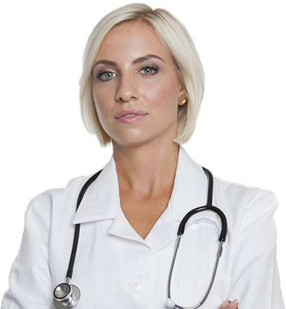 Female doctor with a stethoscope in a white coat.
