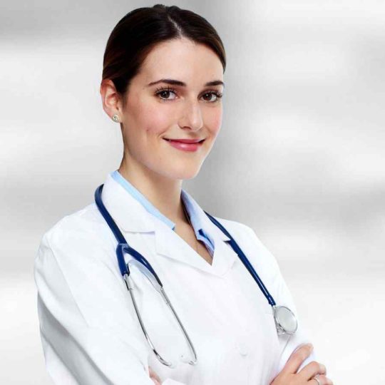 Confident female doctor with a stethoscope around her neck.